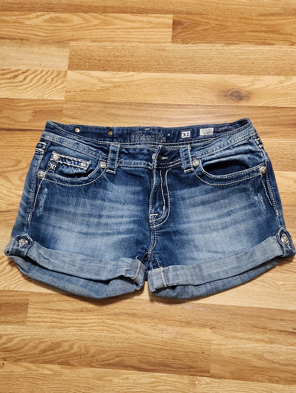Miss Me Distressed Rolled Hem Denim Shorts - Blue